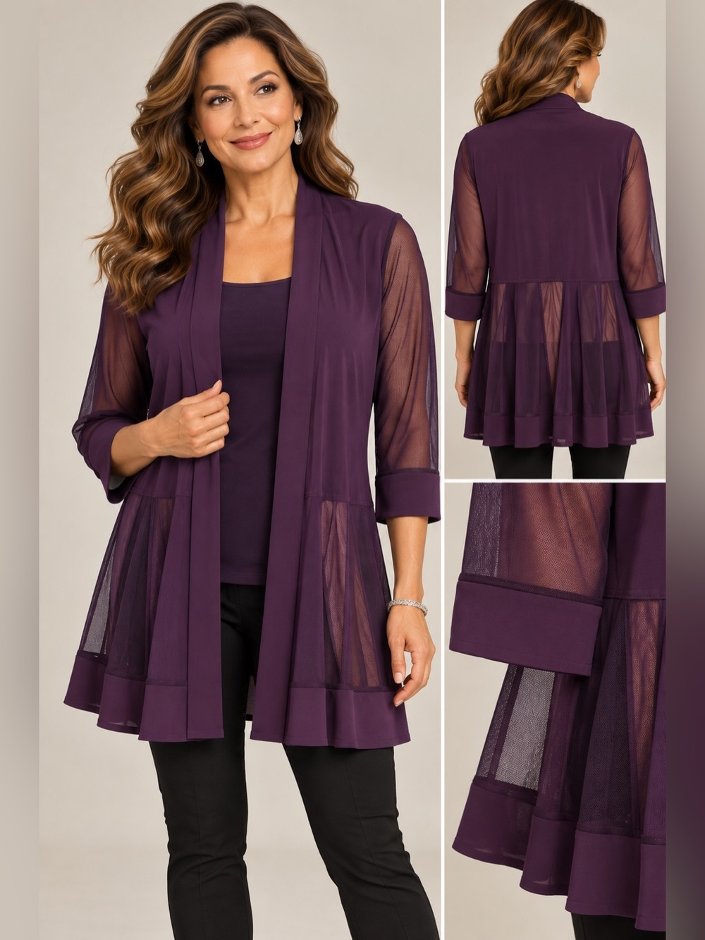R&M Richards Purple Sheer Mesh Duster Cardigan Size 14